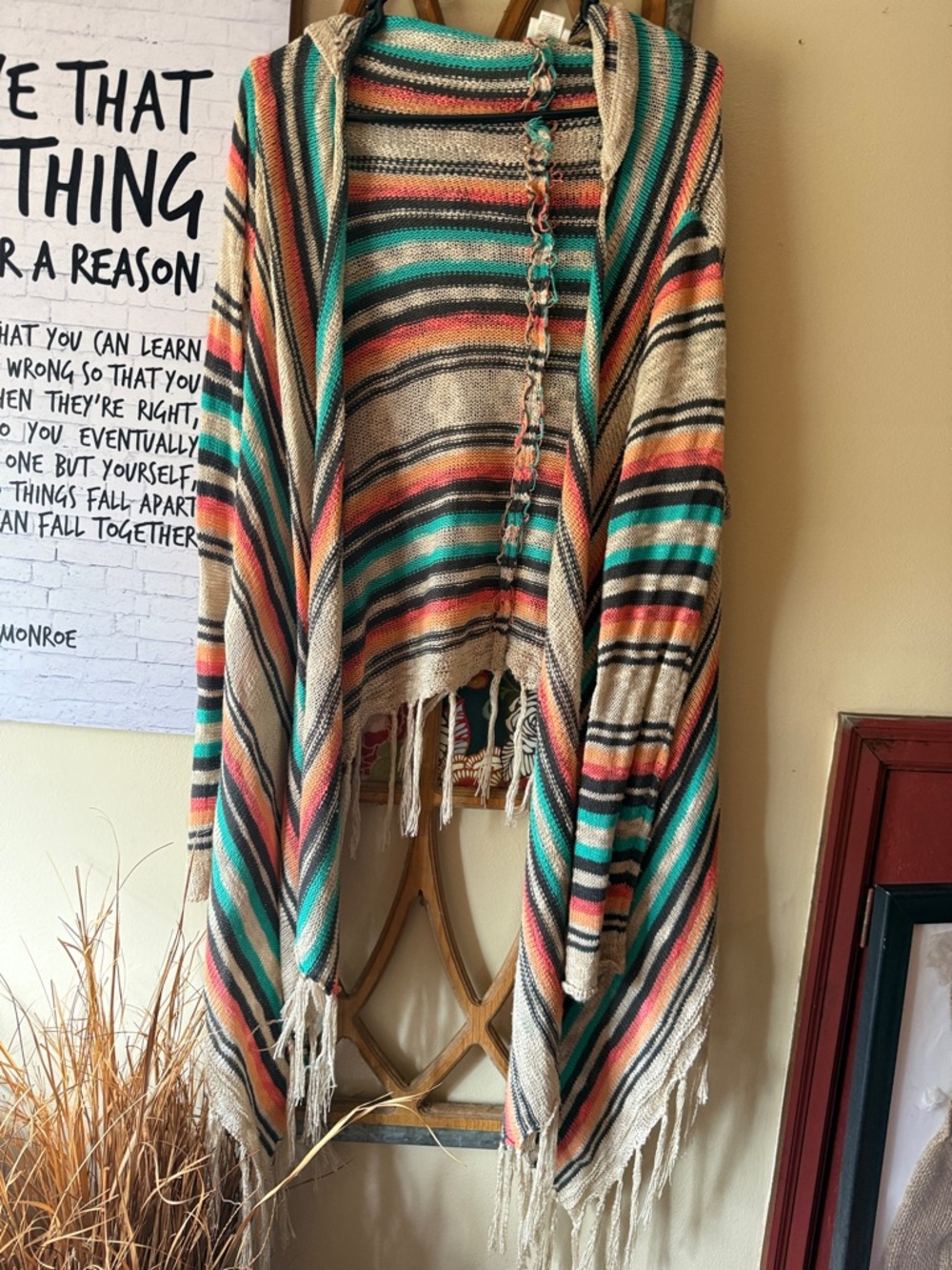 Day trip Striped Hooded Baja Hoodie/Shaw/Cardigan with Fringe - Multicolor